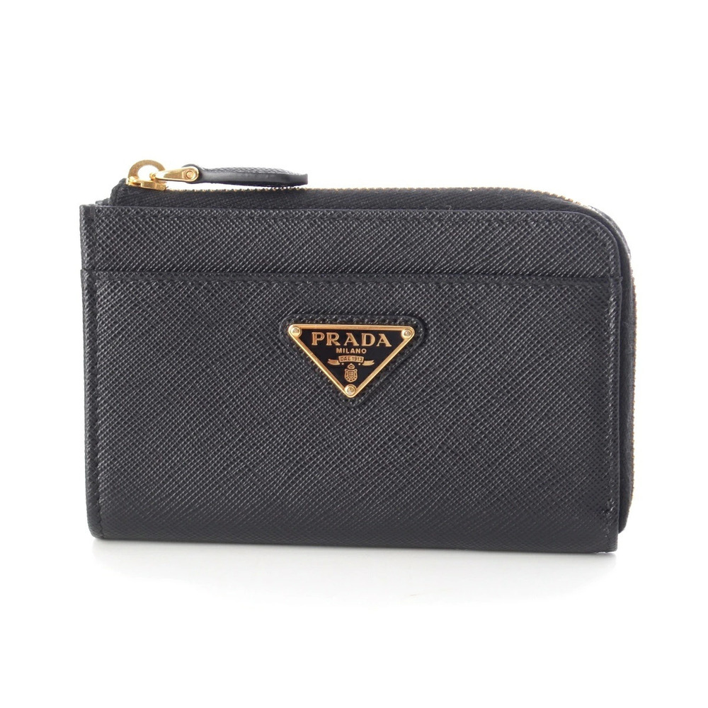 Prada Saffiano Leather Triangle Zip Card Case Wallet Coin Black
